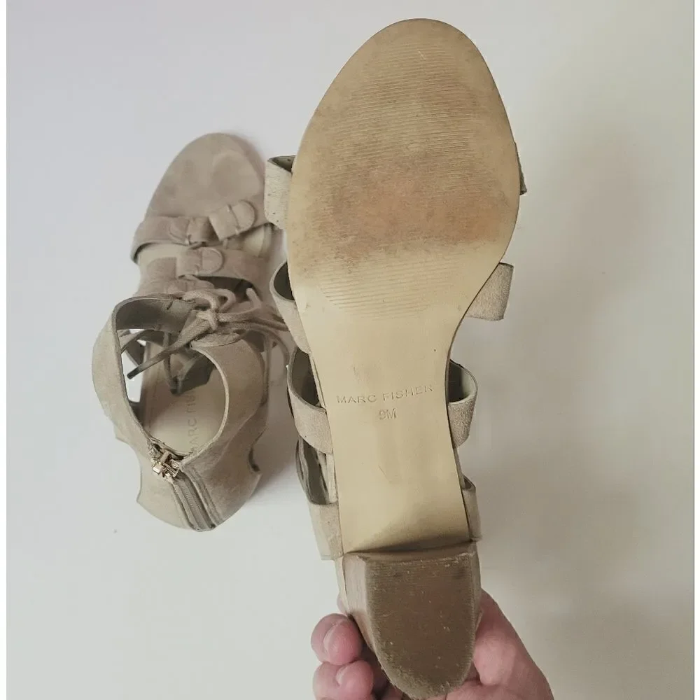 Marc Fisher Paradox Lace Up Block Heeled Sandals in Nude Size 9 - Picture 7 of 9